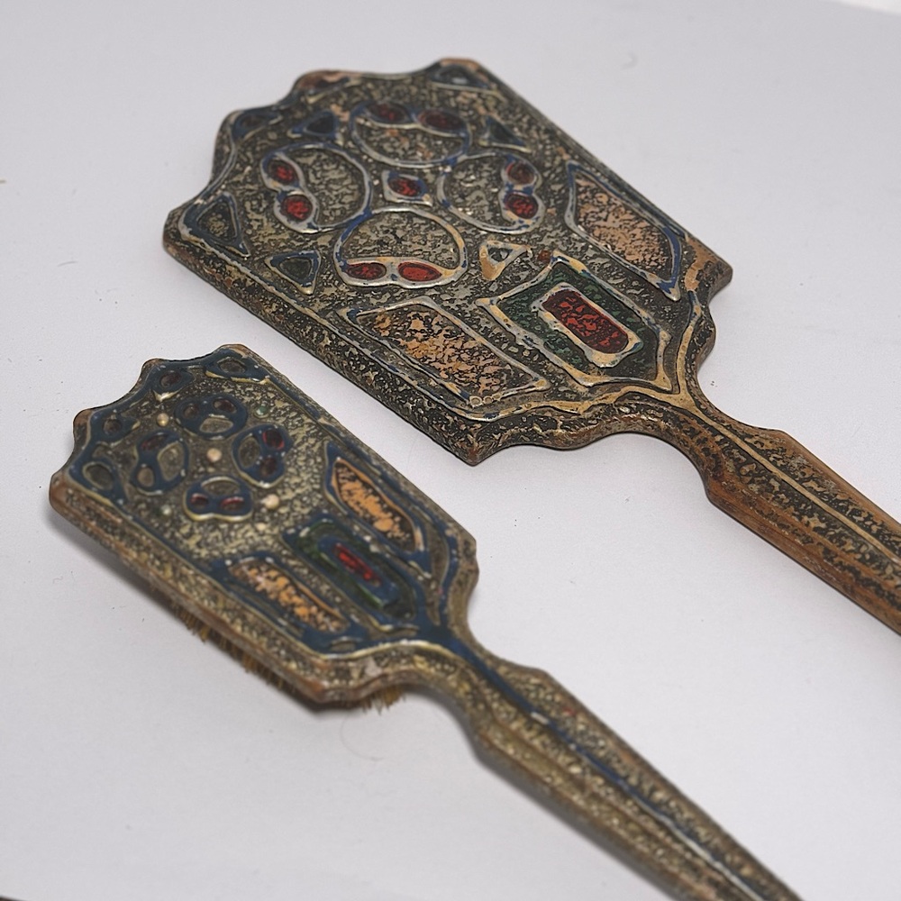 Art Deco 1930s Hollywood Regency hand mirror and brush pair